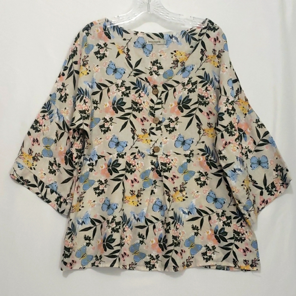 Laura Bianchi Linen Butterfly Floral Print Size L
